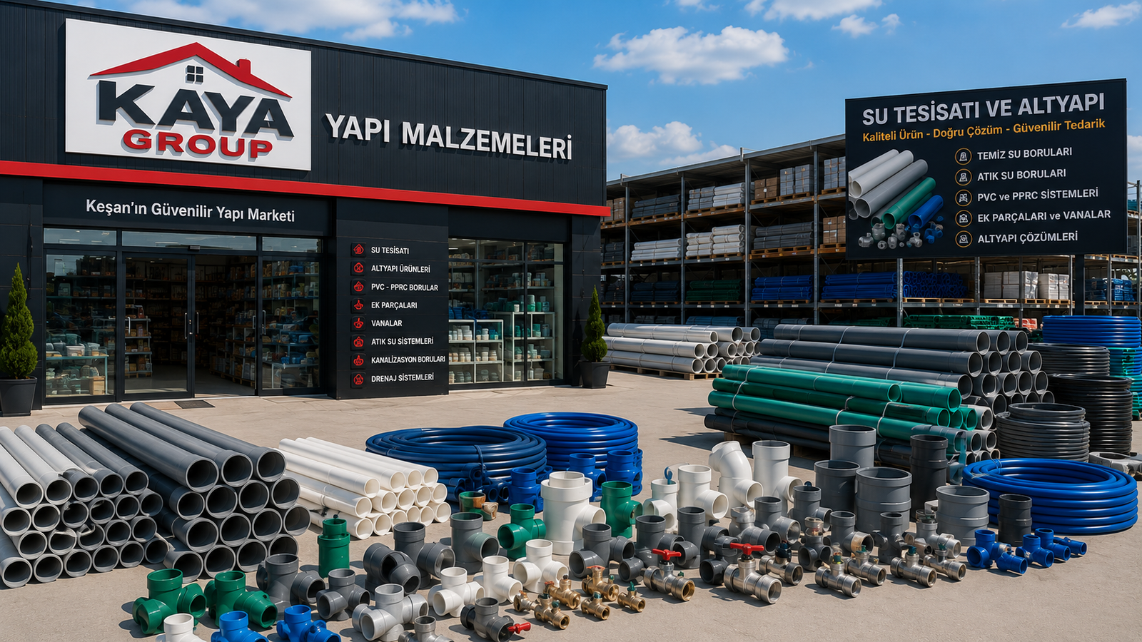 Keşan su tesisatı ve altyapı ürünleri Kaya Group mağaza ve depo görünümü