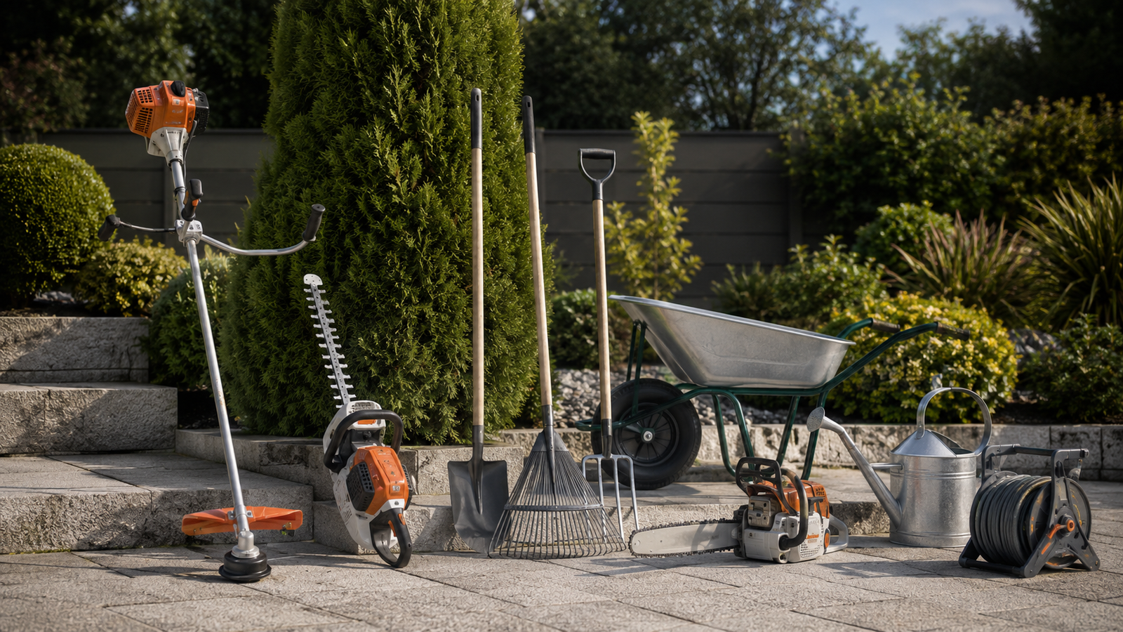 Bahçe ekipmanları motorlu tırpan çit budama makinesi motorlu testere kürek ve tırmık