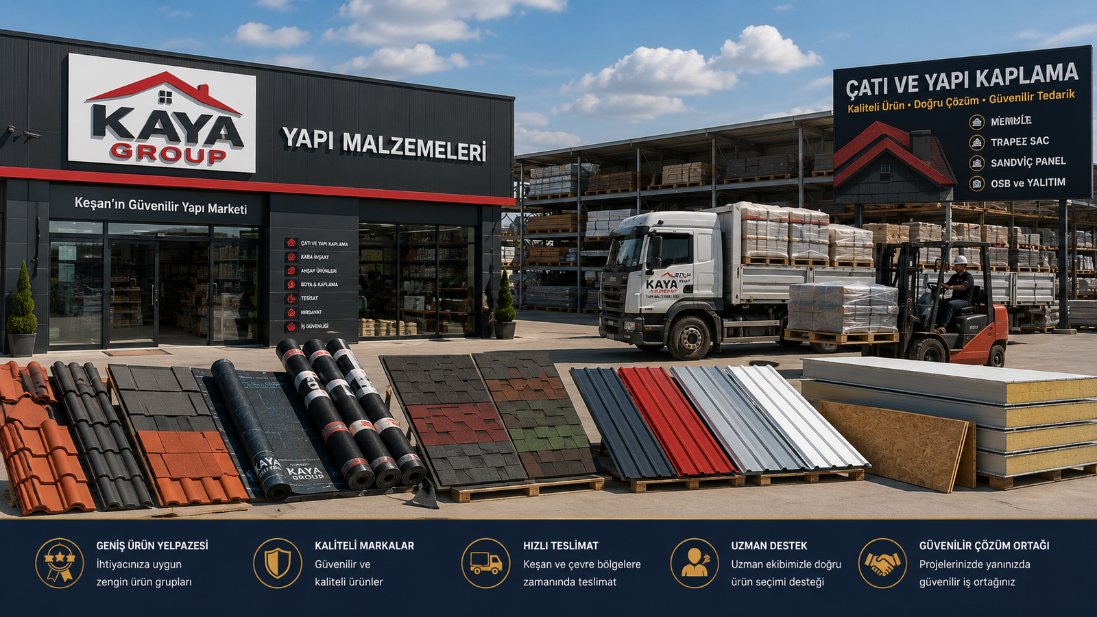 Keşan çatı ve yapı kaplama ürünleri Kaya Group mağaza ve depo görünümü