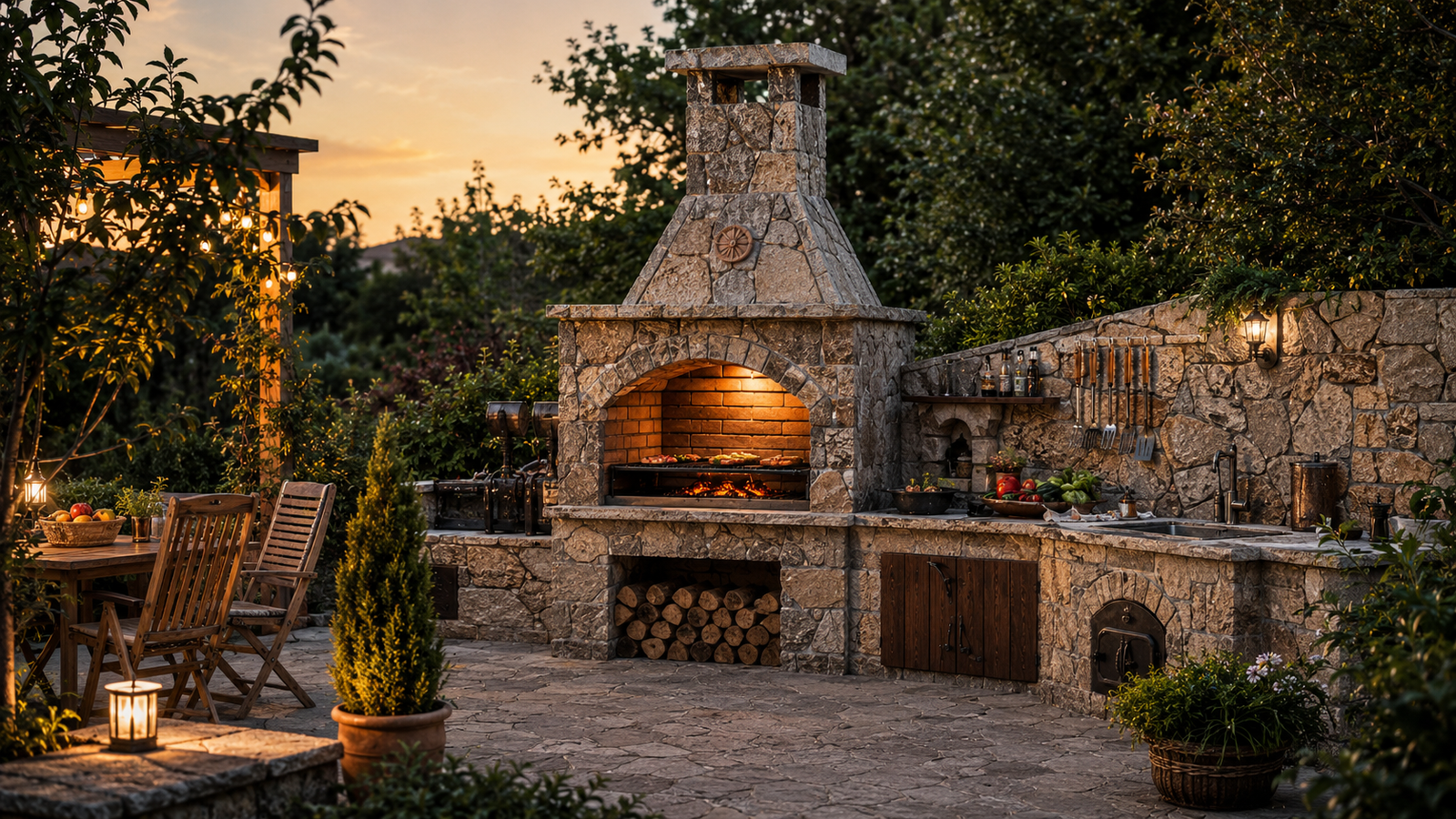 Barbekü ve şömine Keşan taş barbekü bahçe şöminesi odunluk ve geleneksel dış mekan mutfak alanı
